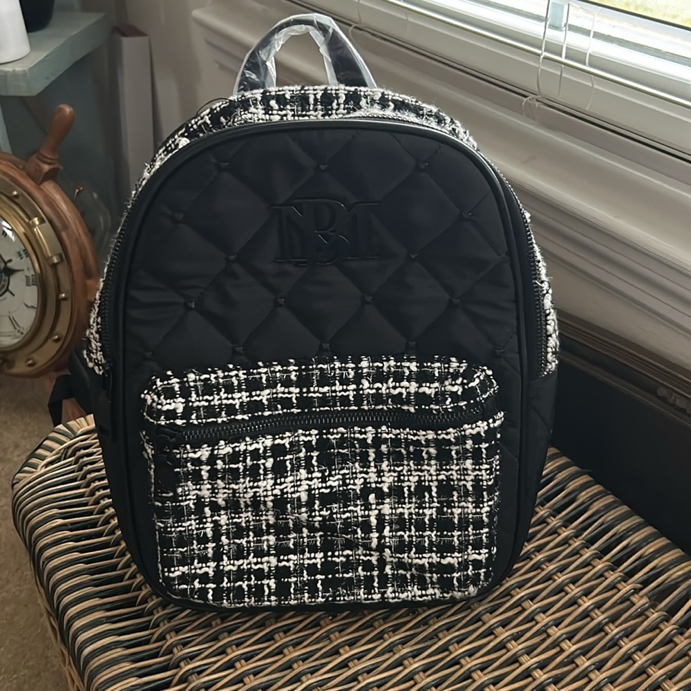 Badgley Mischka NWOT Backpack Purse 
BLACK AND WHITE
Nylon and Tweed